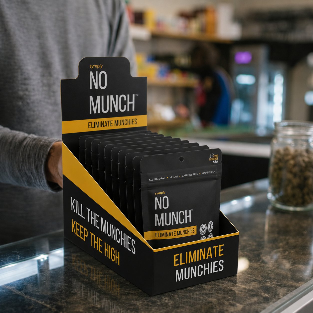 NoMunch retail display on a dispensary counter